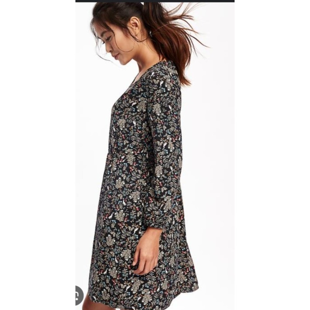 $25 NWT OLD NAVY‎ long sleeve babydoll dress S Tall black blue floral bunny zips